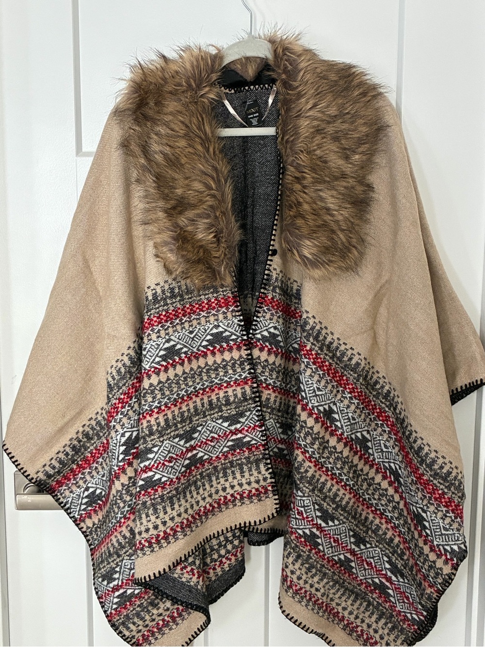 Mixit Beige Cape with Faux Fur Collar and Red Black Trim